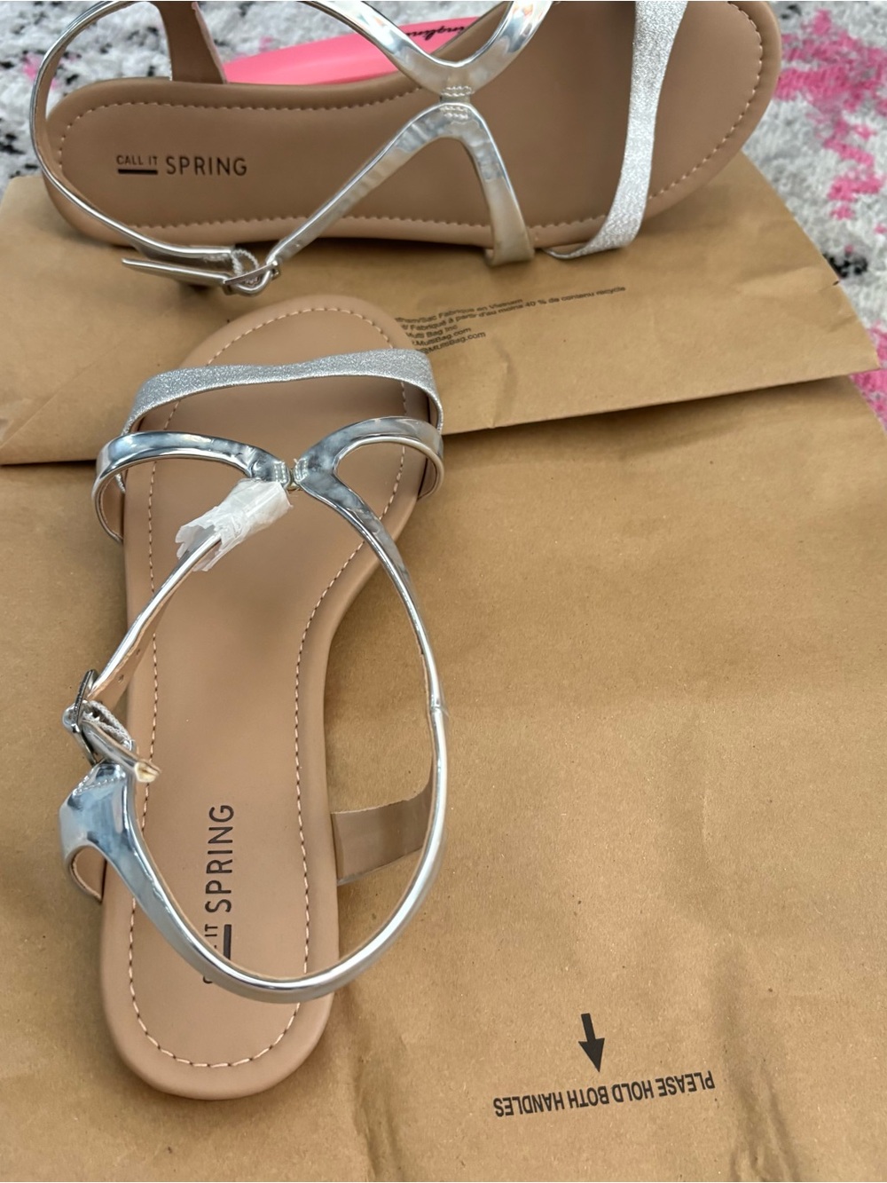 Call It Spring Silver Metallic T-Strap Sandals with Neutral Footbed - Picture 2 of 3